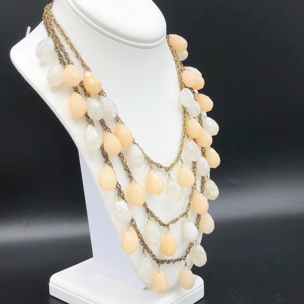 Lydell‎ NYC 3 Strand Necklace Pastel Peach Milky Clear Faceted Briolette Beads